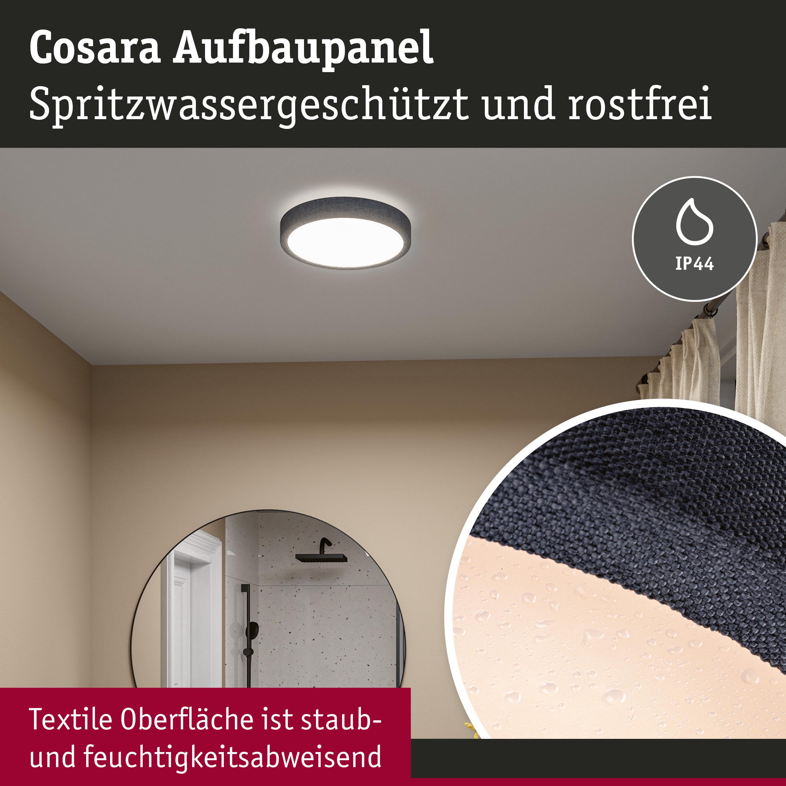 Cosara Aufbaupanel mit schwarzer textiler Oberfläche, spritzwassergeschützt und rostfrei, IP44 Leuchte