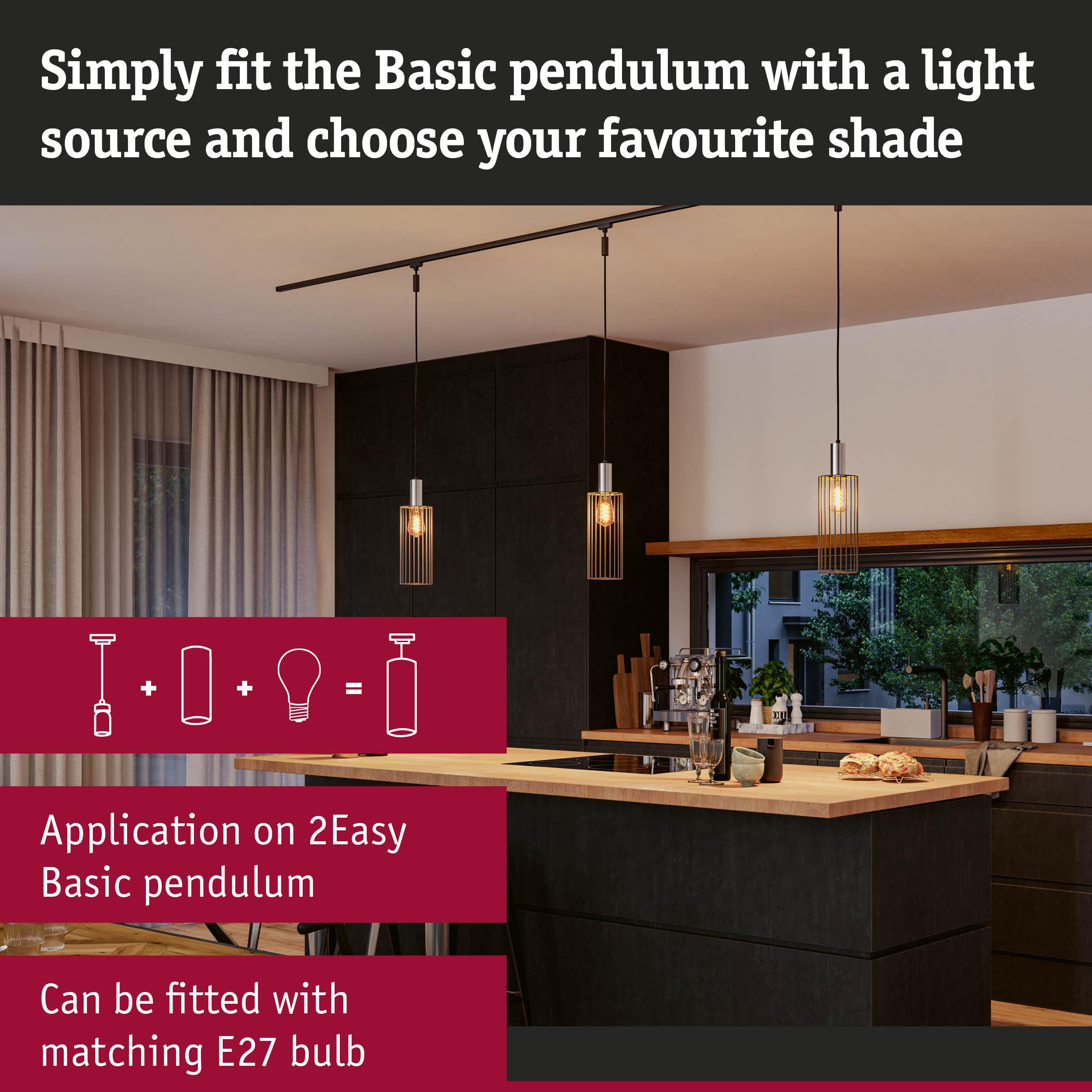 Modern kitchen with Basic Pendulum black metal pendant lights featuring warm E27 bulbs.