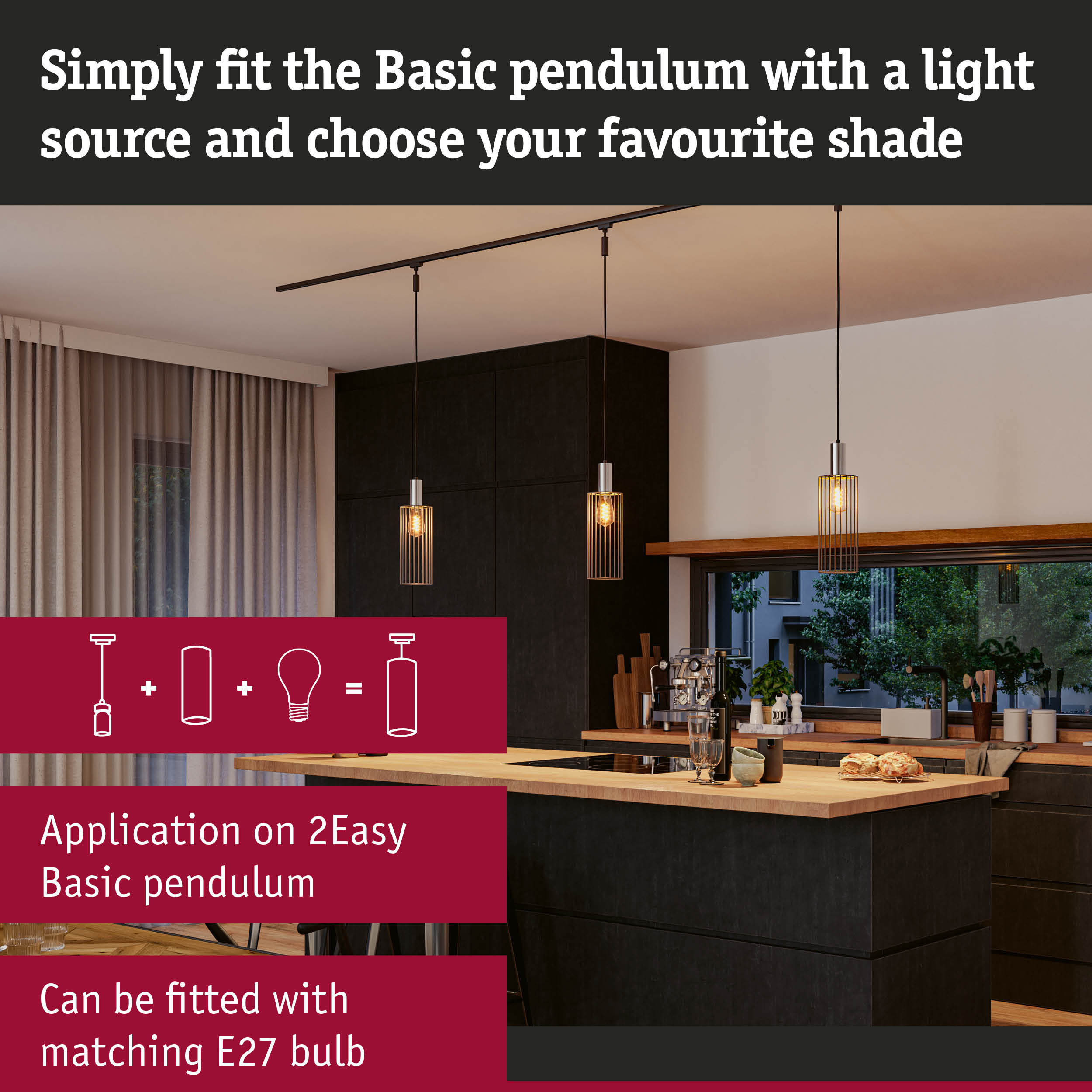 Modern Basic pendant light with black metal cage and warm white light for kitchen lighting