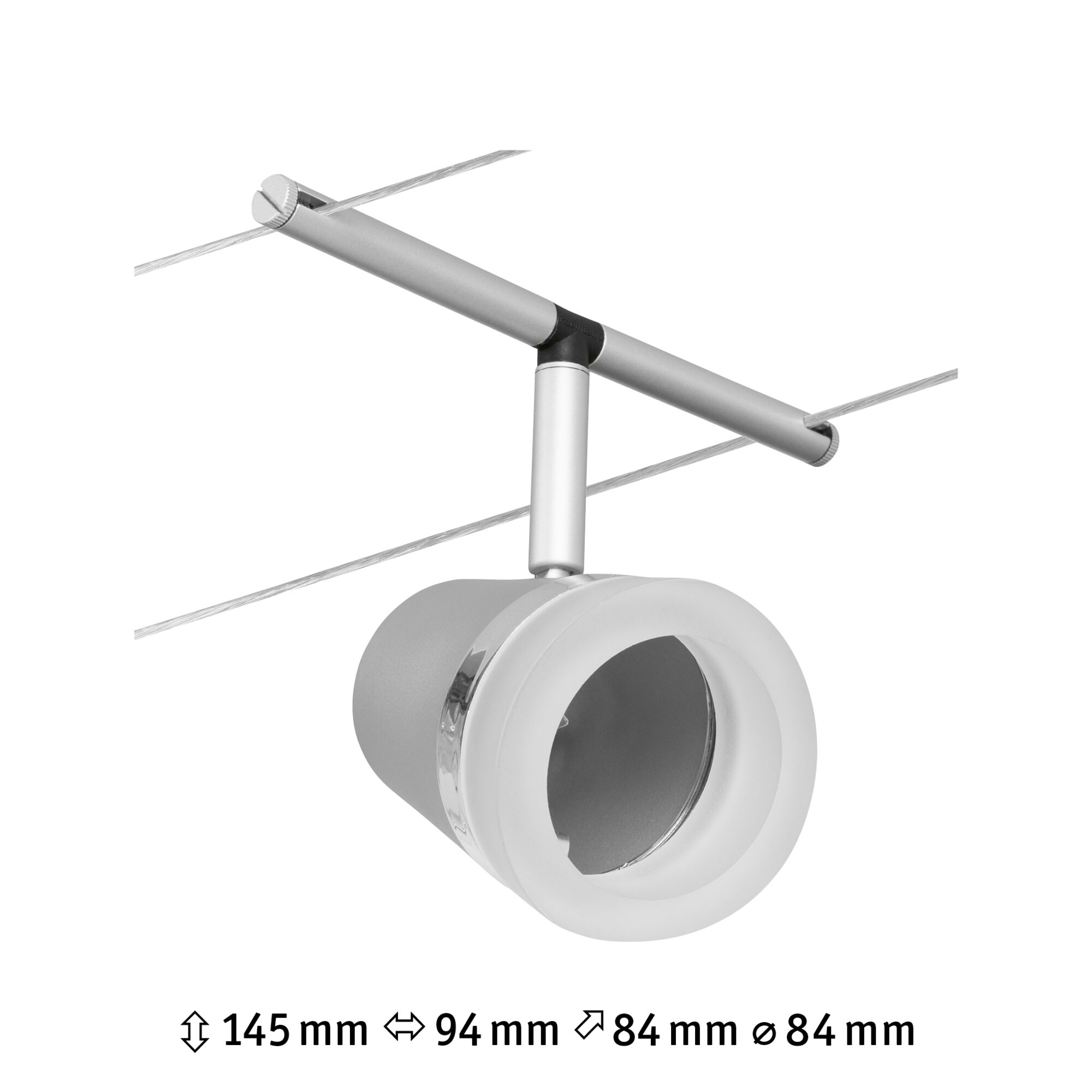 Spot LED câble en métal argenté moderne avec diffuseur blanc et tête réglable pour éclairage d'accent