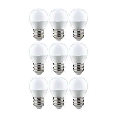 Nine white LED bulbs with E27 base made of plastic and metal for energy-saving lighting