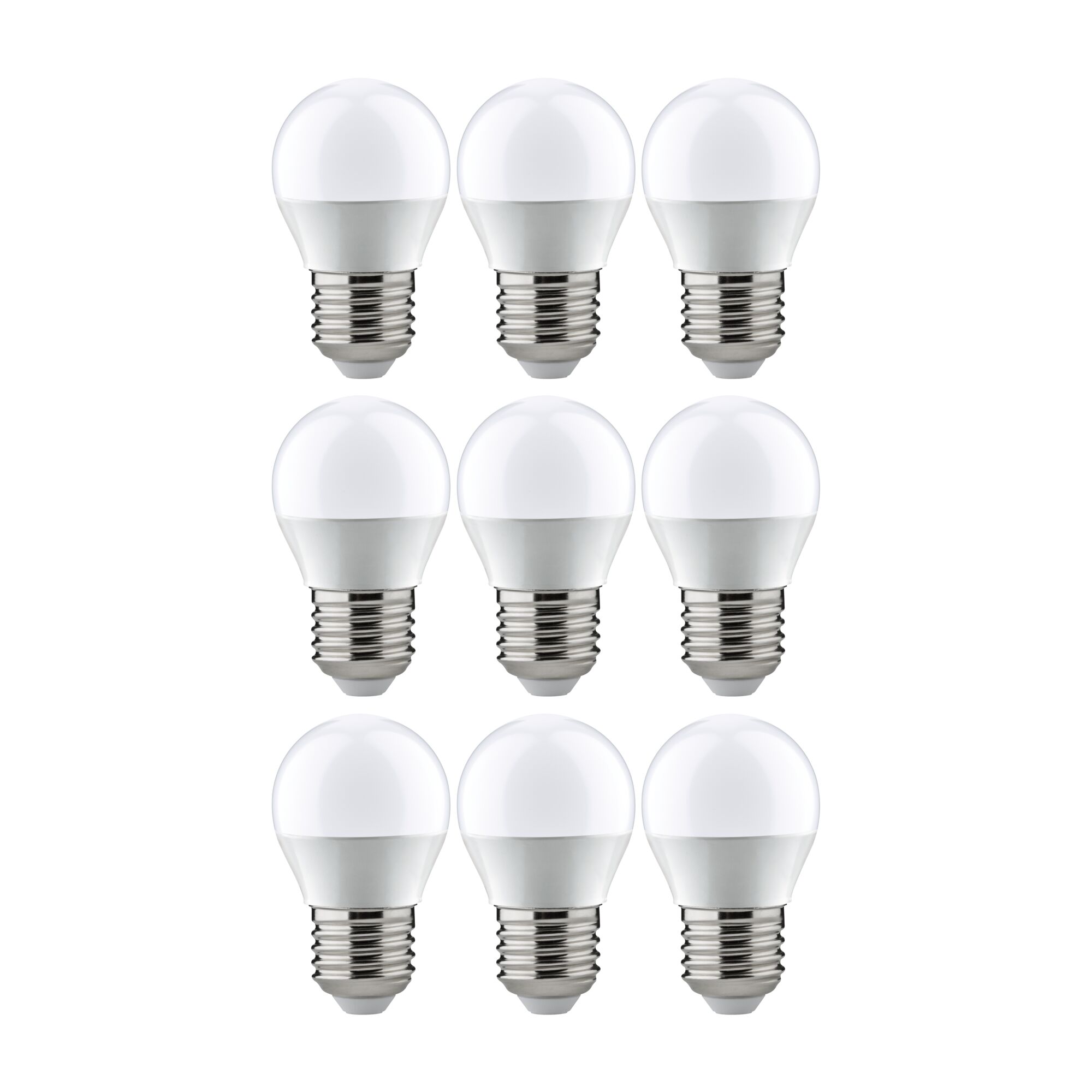 Neun weiße LED-Glühbirnen mit E27-Fassung aus Kunststoff und Metall für energiesparende Beleuchtung