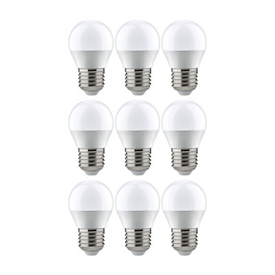 Neun weiße LED-Glühbirnen mit E27-Fassung aus Kunststoff und Metall für energiesparende Beleuchtung