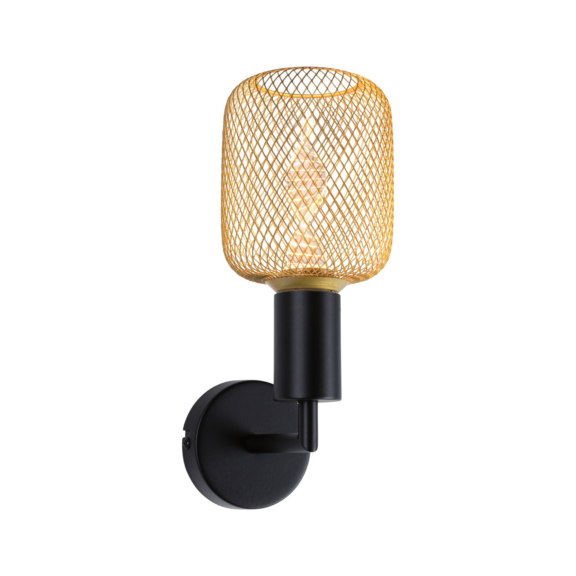 Wandlampe mit schwarzem Metallfuß und goldfarbenem Drahtgeflecht-Schirm für modernes Wohnambiente