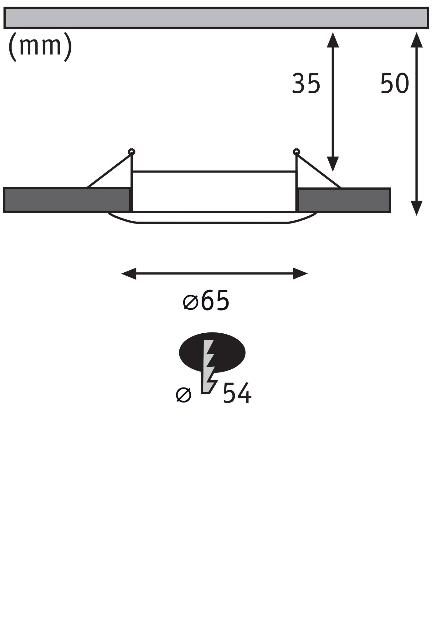 Dessin technique d'un spot encastré de 65 mm de diamètre et 50 mm de profondeur d'installation.