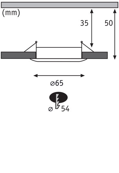 Technische Zeichnung eines Einbauleuchtenspots mit 65 mm Durchmesser und 50 mm Einbautiefe.