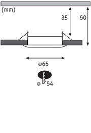 Technical drawing showing 65 mm diameter, 35 mm and 50 mm height dimensions for LED downlight
