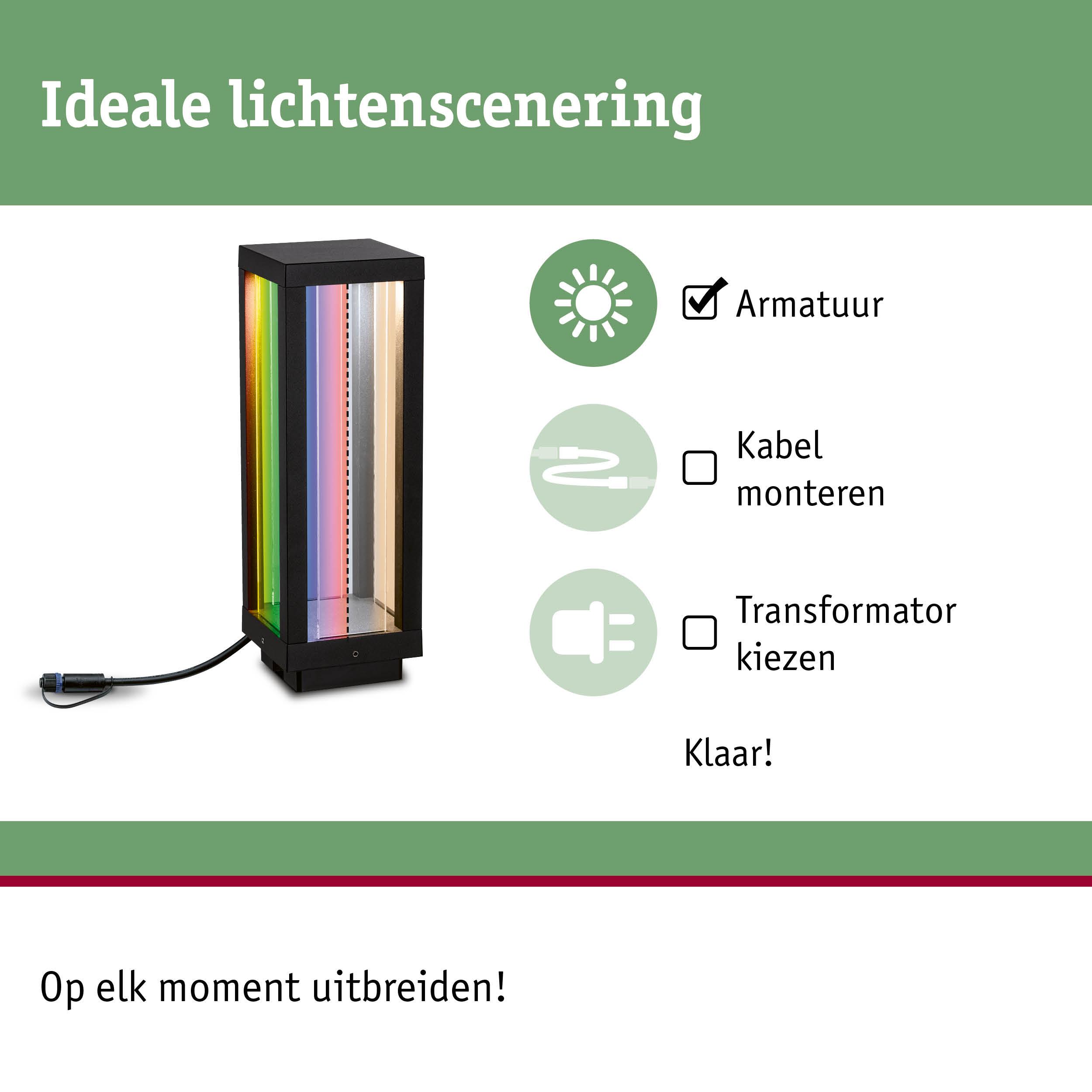 Zwarte rechthoekige LED-buitenlamp met meerkleurige glazen panelen en kabelaansluiting voor tuinverlichting