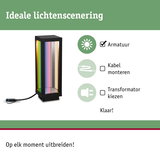 Zwarte rechthoekige LED-buitenlamp met meerkleurige glazen panelen en kabelaansluiting voor tuinverlichting