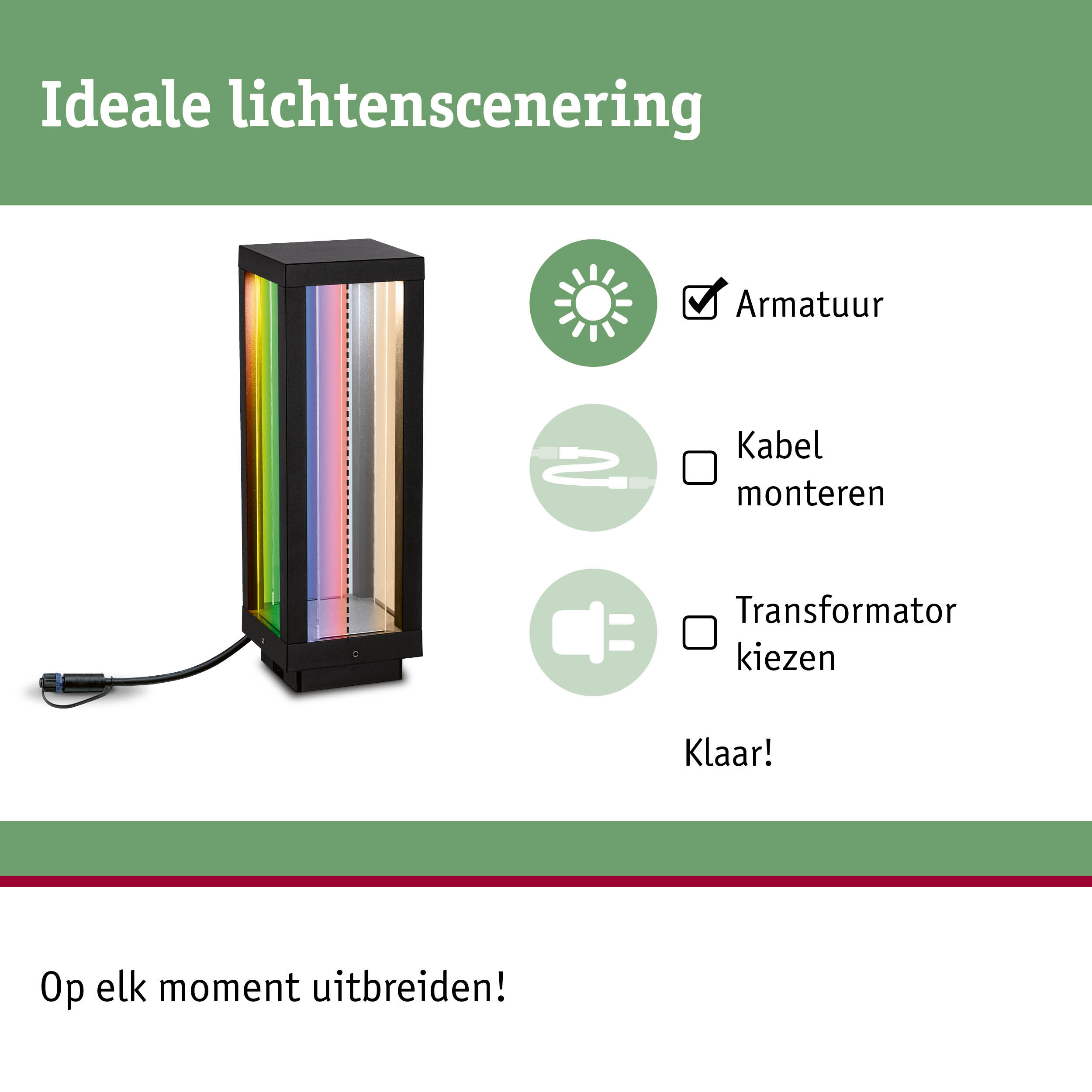Zwarte rechthoekige LED-lichtzuil met meerkleurige transparante panelen en stroomkabel