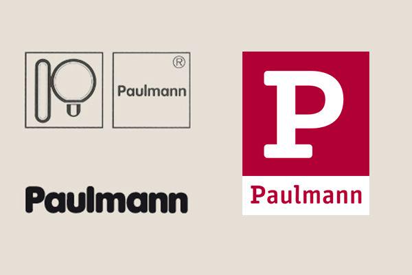 Three different Paulmann logos on beige background showing brand evolution.