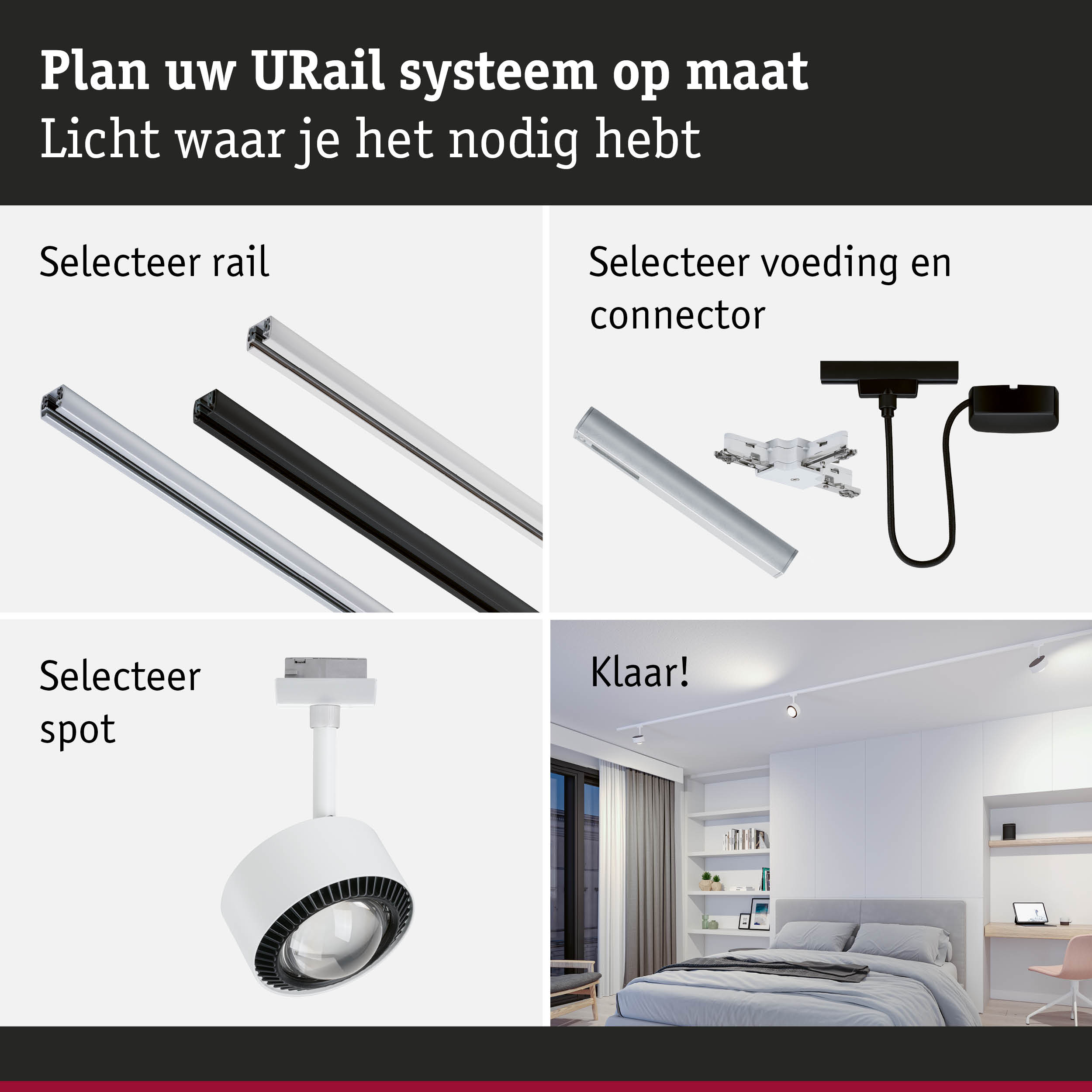 Modulair URail railsysteem in zwart en wit met spot voor flexibele kamerverlichting