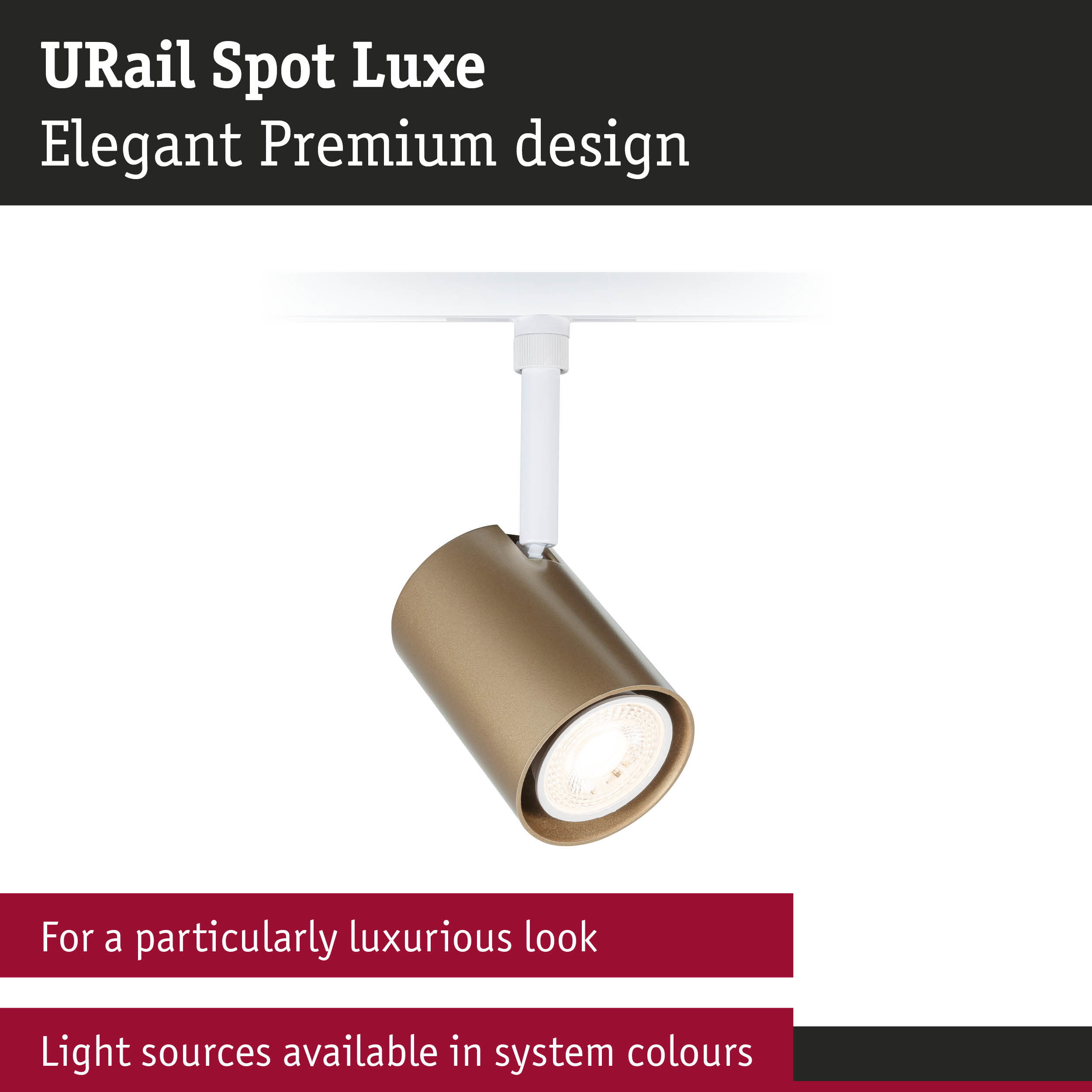 URail Spot Luxe matte gold spotlight with white rail system for elegant premium lighting design