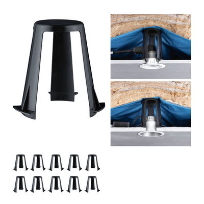 Black plastic holder for recessed lights, shown mounted in ceiling with insulation, LED downlight accessory