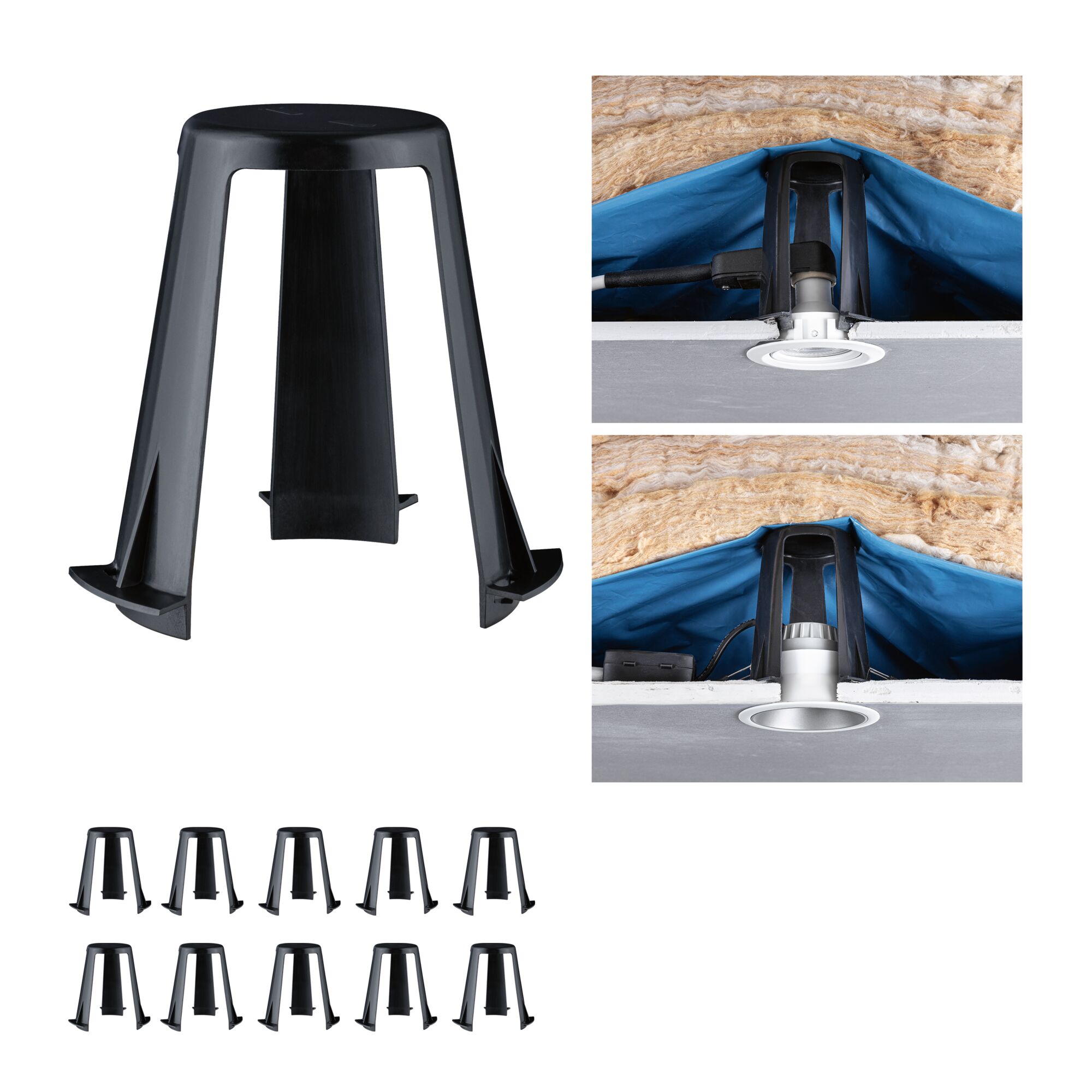 Black plastic holder for recessed lights, shown mounted in ceiling with insulation, LED downlight accessory