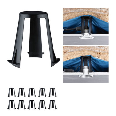 Black plastic holder for recessed lights, shown mounted in ceiling with insulation, LED downlight accessory