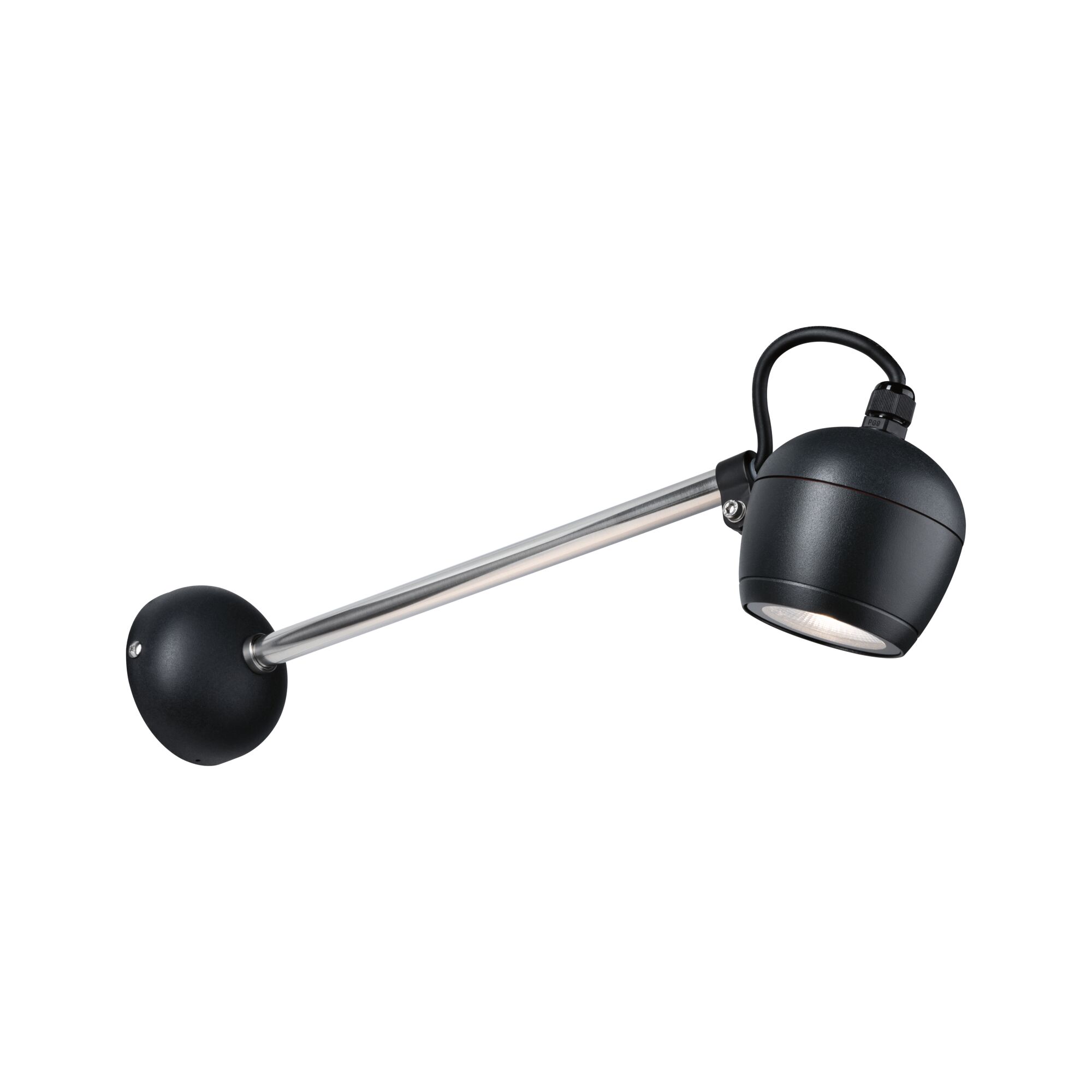 Black wall lamp with adjustable stainless steel arm and round head for focused lighting