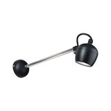 Black wall lamp with adjustable stainless steel arm and round head for focused lighting