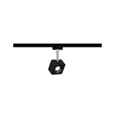 Black square metal LED spotlight on track system for modern indoor lighting solutions