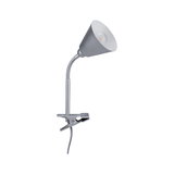 Zilveren metalen klemlamp met flexibele hals voor gerichte LED-verlichting op kantoor.
