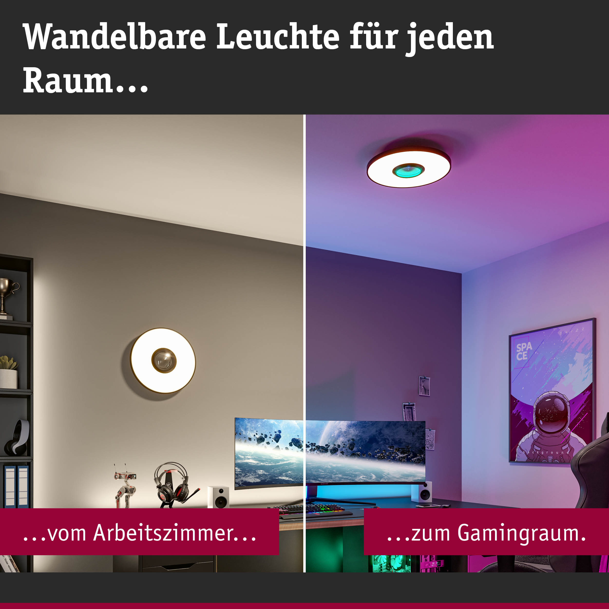 Wandelbare LED-Decken- und Wandleuchte in Weiß mit goldfarbenem Rand für Arbeits- und Gamingräume