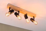Ceiling spotlight with four black metal lamps on wooden bar, warm white LED light for living space.