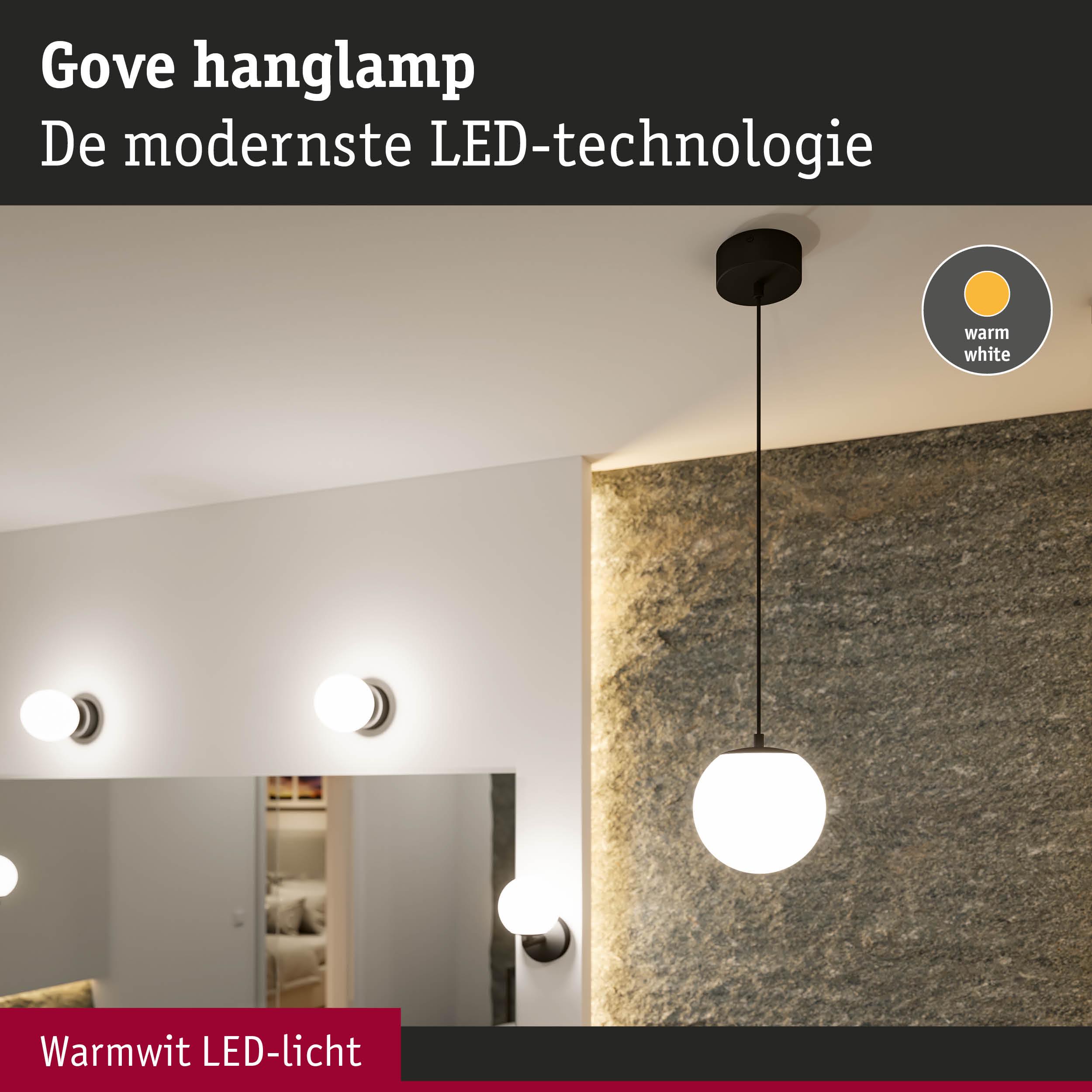 Gove LED-hanglamp met warm wit licht en zwarte kabel tegen grijze muur in moderne ruimte