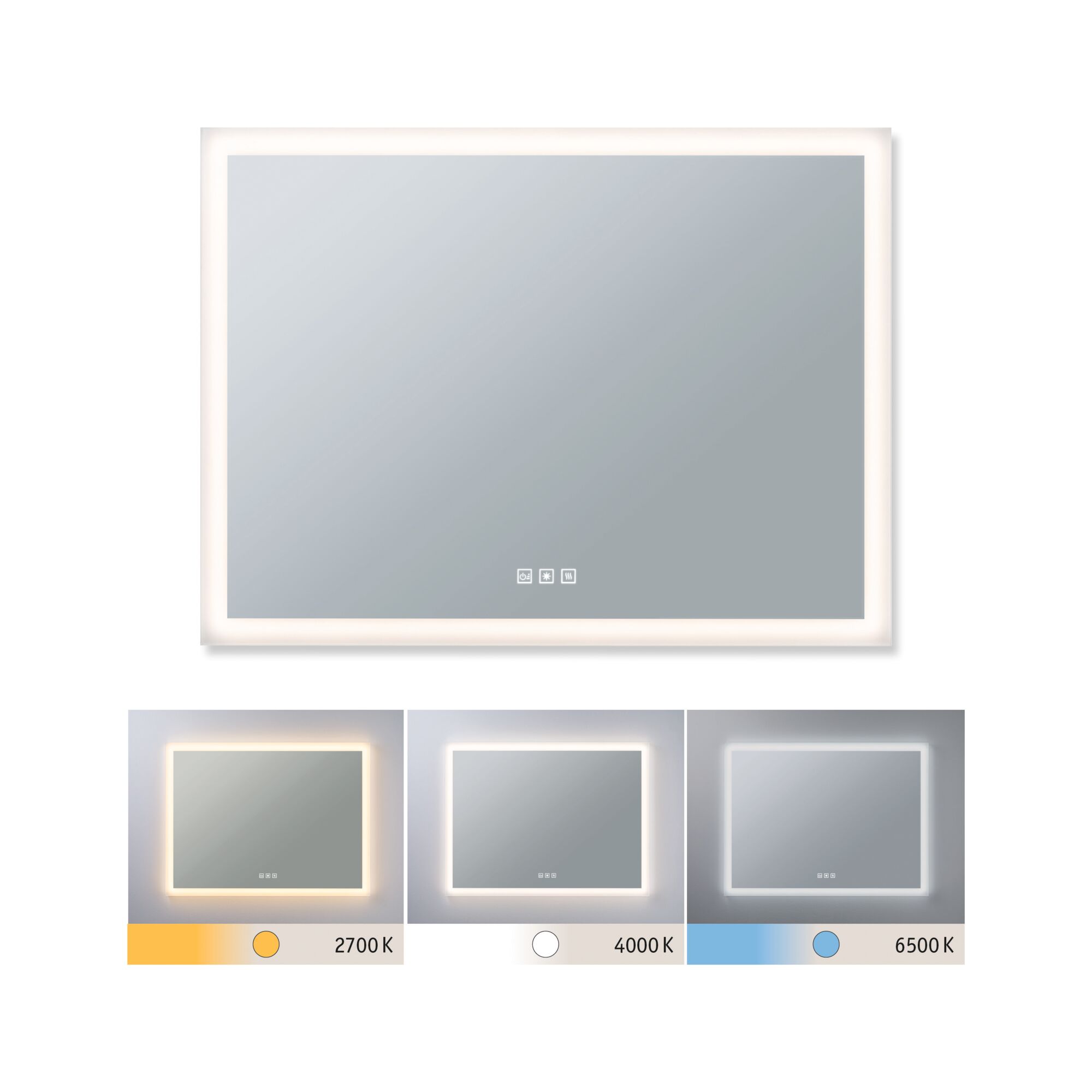 Rectangular LED mirror with adjustable light color 2700K, 4000K, and 6500K for bathroom and living space.