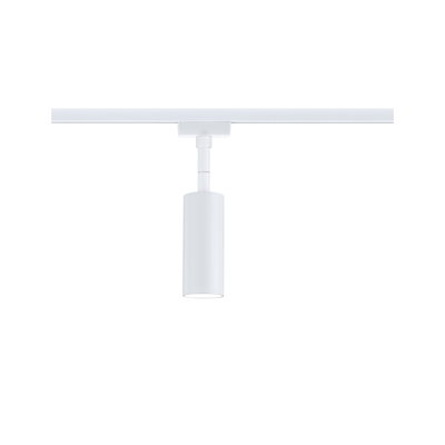 Moderner weißer LED-Spot aus Metall an Schienensystem für flexible Raumbeleuchtung