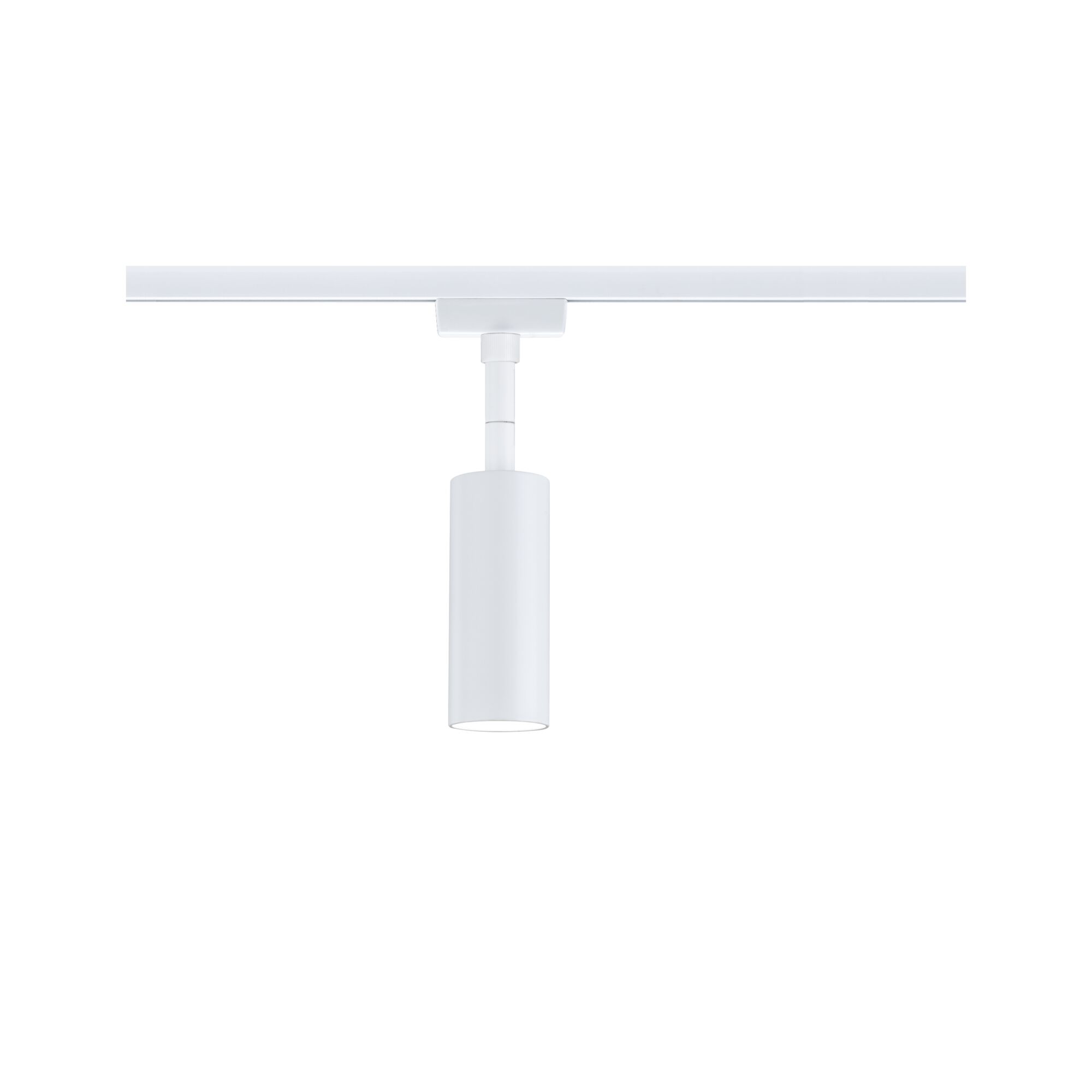 Moderner weißer LED-Spot aus Metall an Schienensystem für flexible Raumbeleuchtung