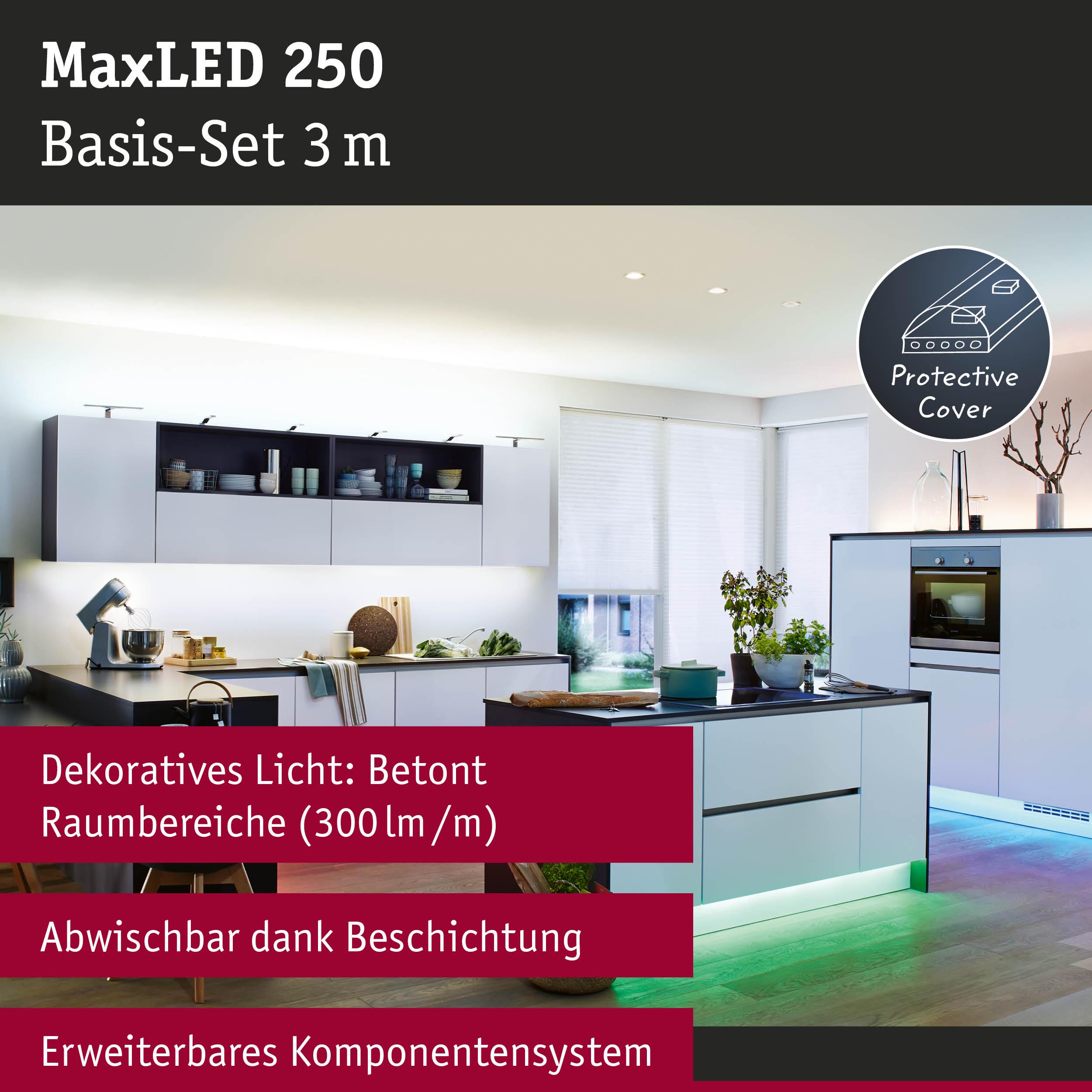 MaxLED 250 LED-Lichtband 3 m mit Schutzabdeckung, dekoratives Licht für Küchenarbeitsflächen