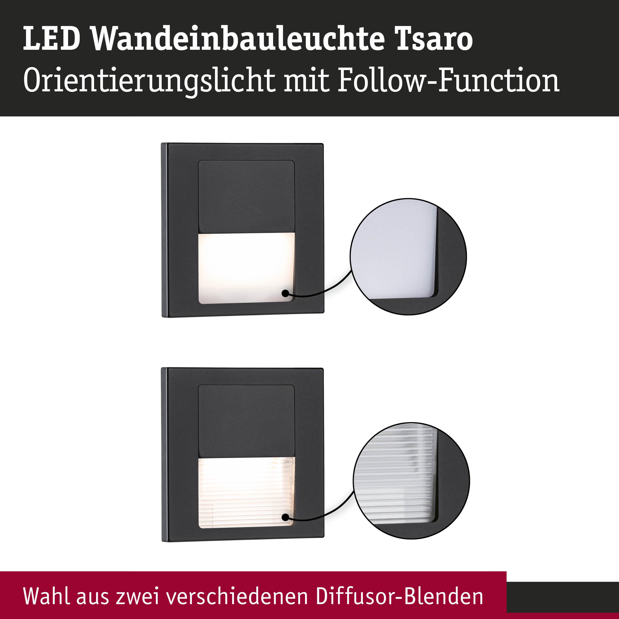LED Wandeinbauleuchte Tsaro in Schwarz mit zwei wählbaren Diffusor-Blenden für Orientierungslicht