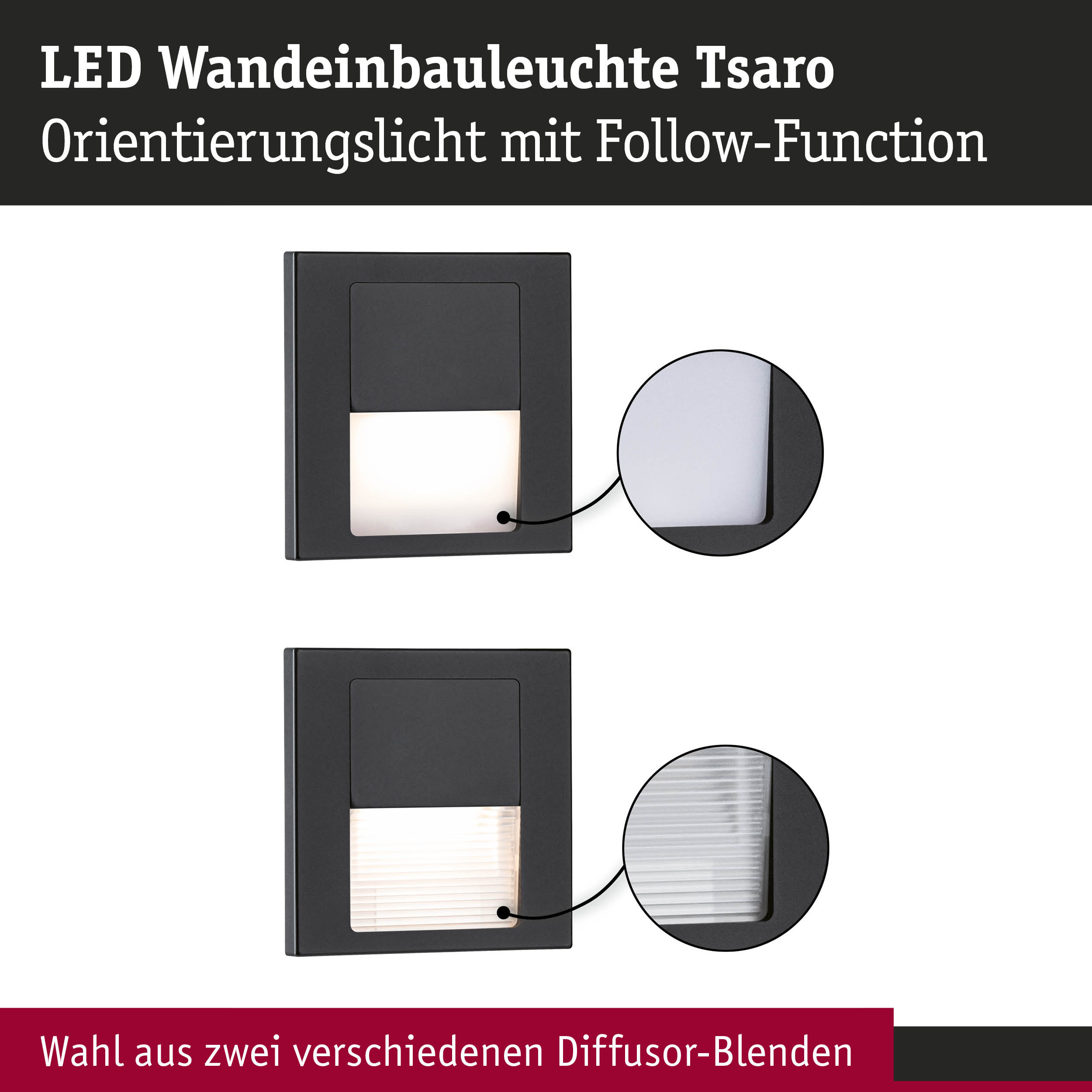 LED Wandeinbauleuchte Tsaro in Schwarz mit zwei Diffusor-Optionen für orientierende Beleuchtung