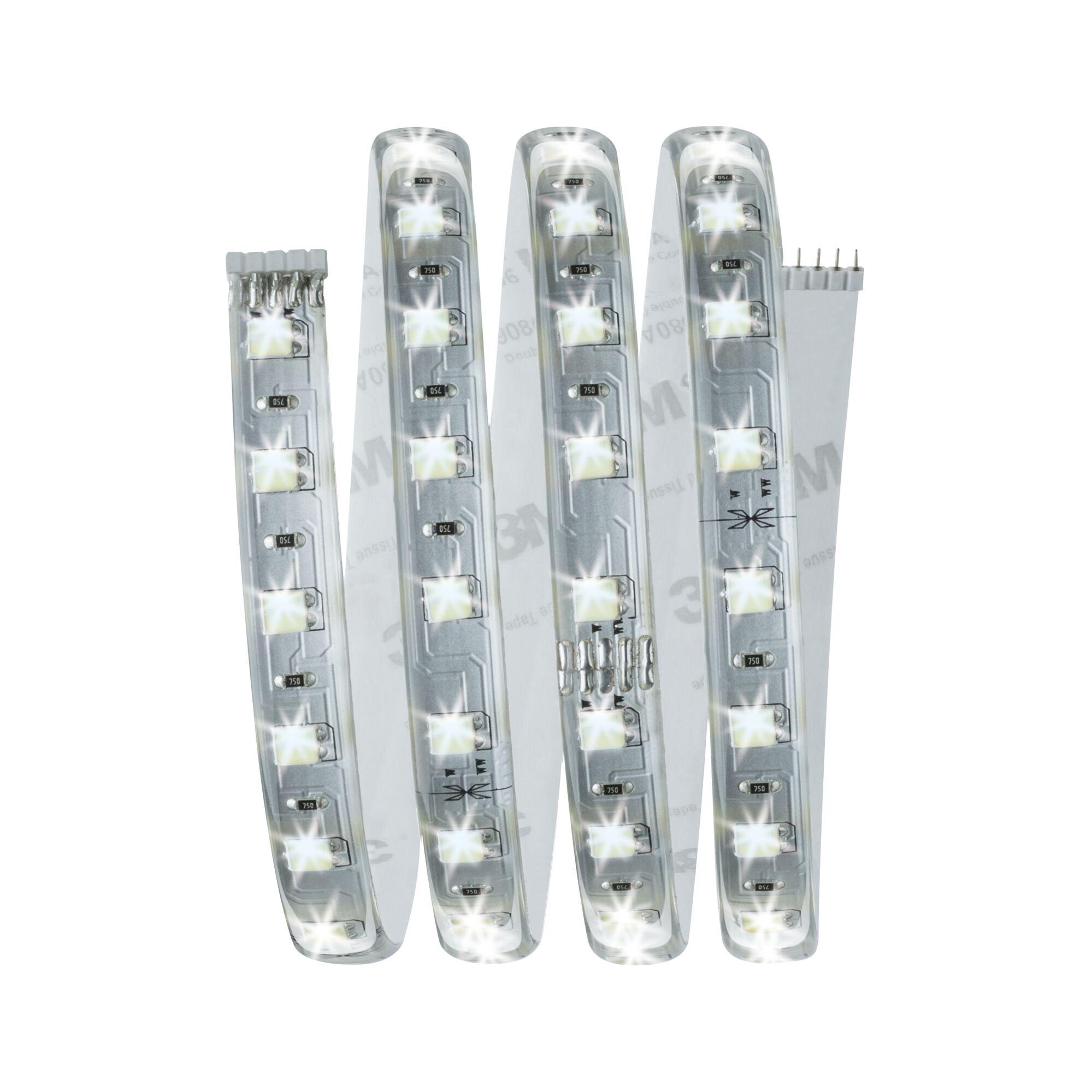 Flexible LED strip with white LEDs and transparent coating for versatile lighting solutions.