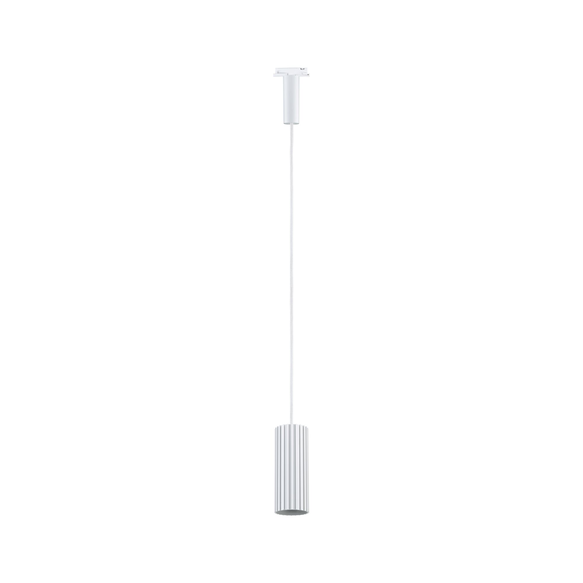 Modern white pendant light with ribbed metal cylinder for stylish indoor lighting solutions