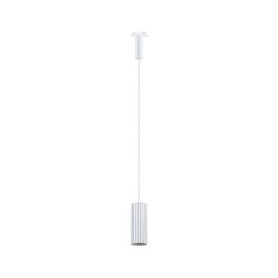 Modern white pendant light with ribbed metal cylinder for stylish indoor lighting solutions