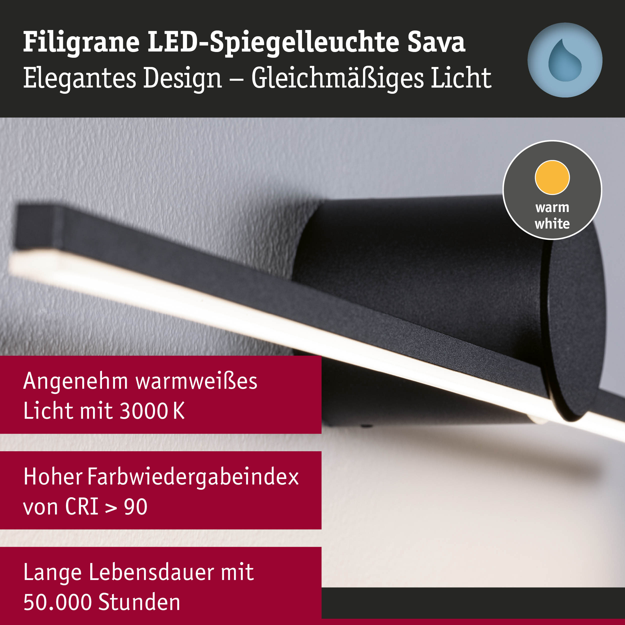 Filigrane LED-Spiegelleuchte Sava in Schwarz mit warmweißem Licht und hohem CRI für Badezimmer