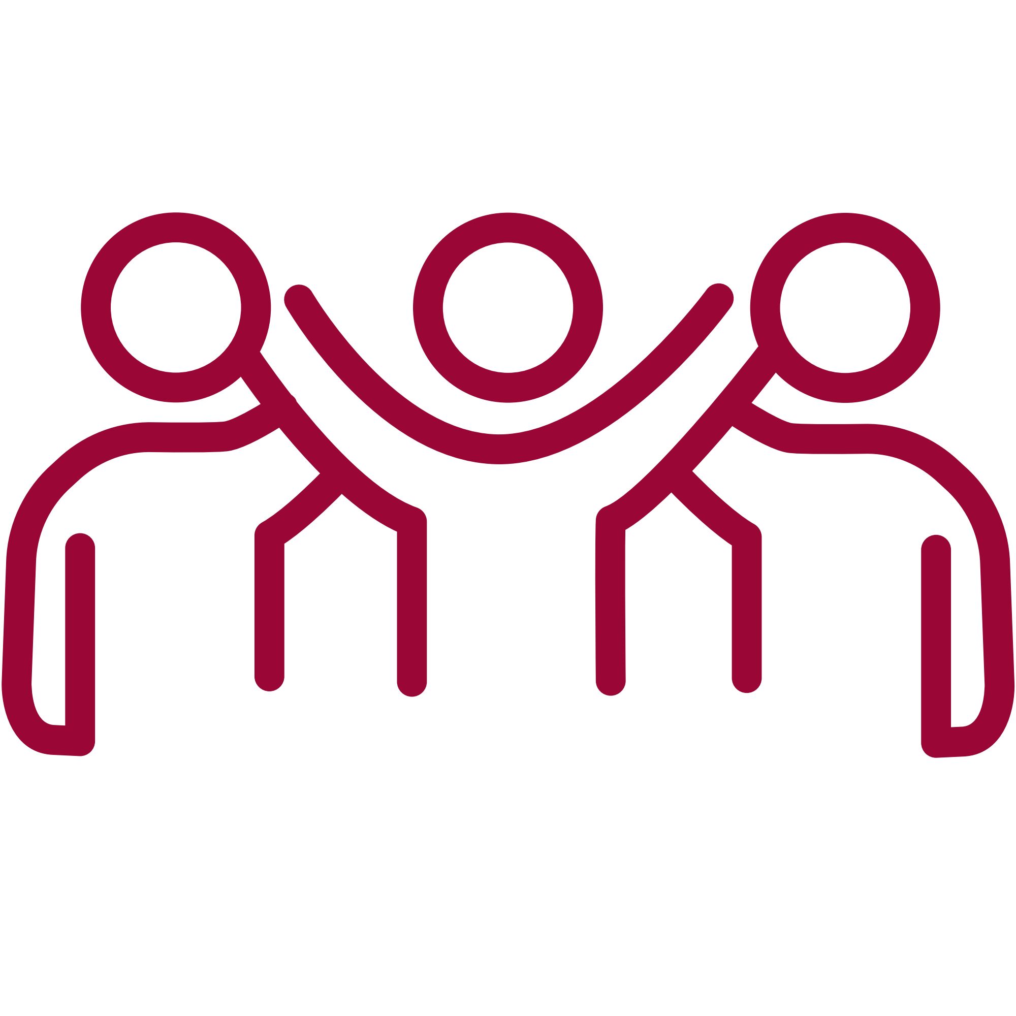 Rotes Icon mit drei stilisierten Personen, eine hebt die Arme, Symbol für Freiheit und Gemeinschaft