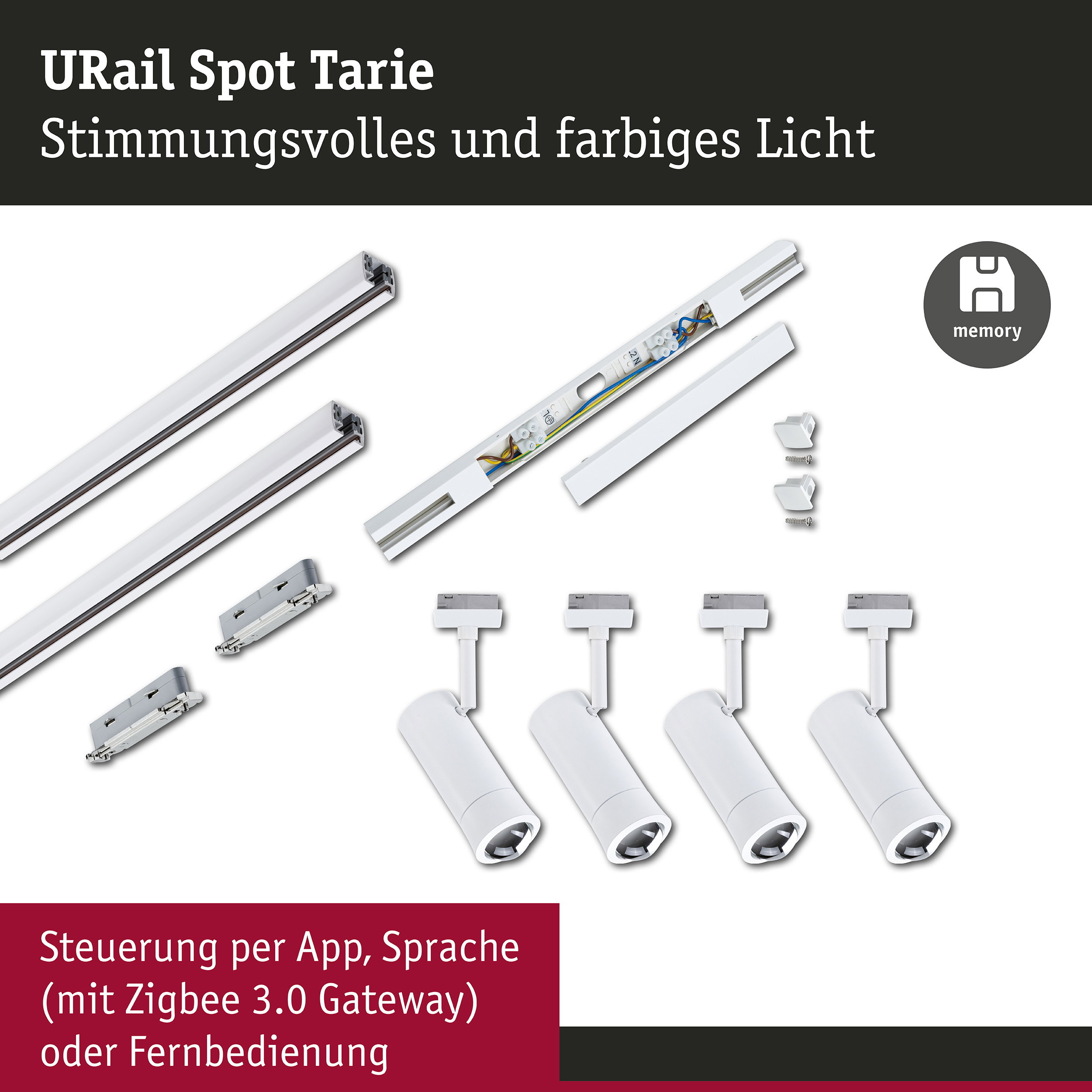 URail Schienenspot Smart Home Zigbee 3.0 Tarie Starterset Mitteleinspeisung 4x4,5W 230V Signalweiß