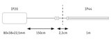 Schéma technique indiquant les indices IP20 et IP44 avec longueurs de câble et dimensions pour éclairage LED.
