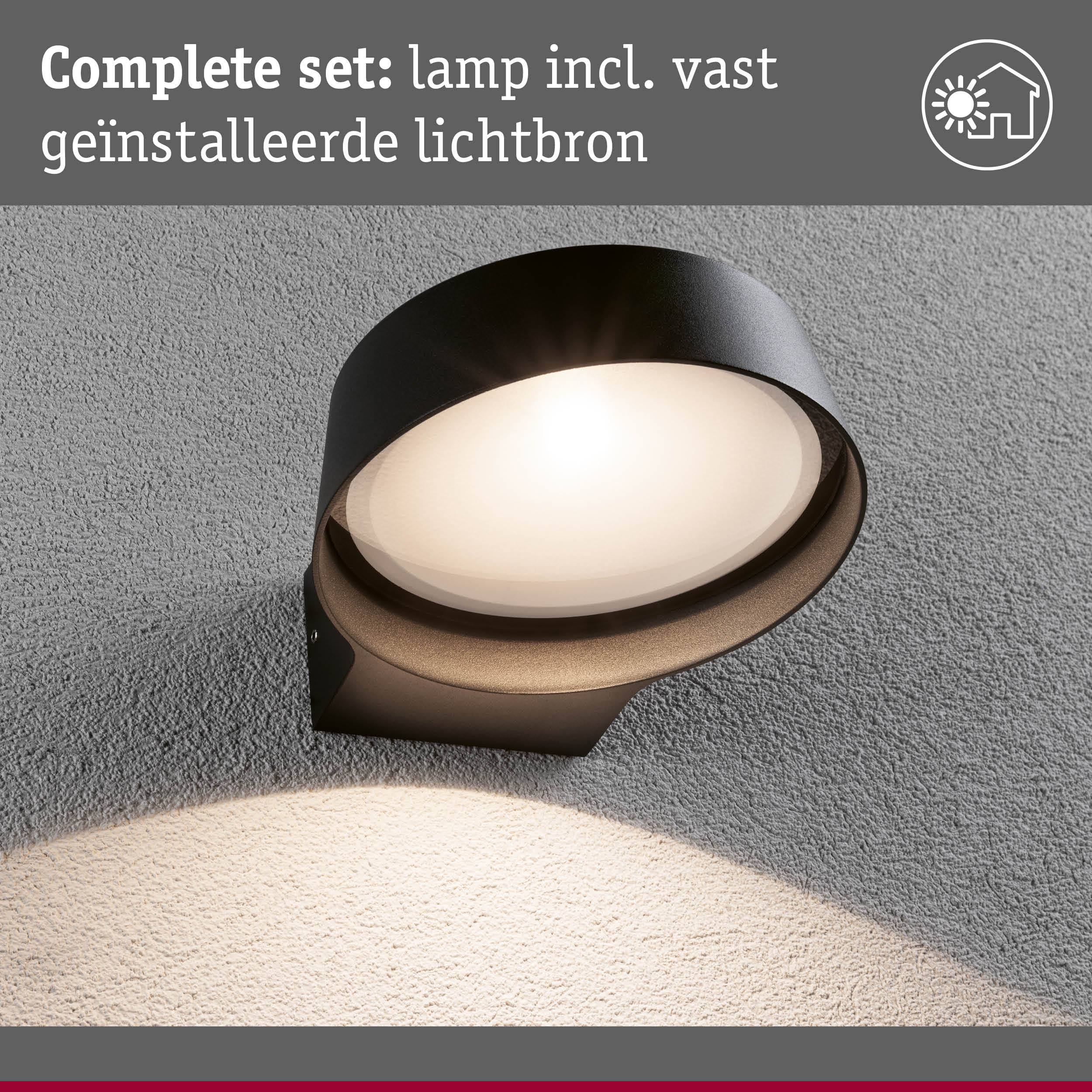 Ronde zwarte buitenwandlamp met vaste lichtbron gemonteerd op grijze muur voor buitenverlichting