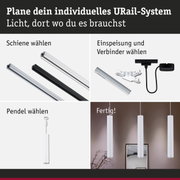 Modulares URail-System mit weißen und schwarzen Schienen, Verbindern und Pendelleuchten für individuelle Lichtplanung