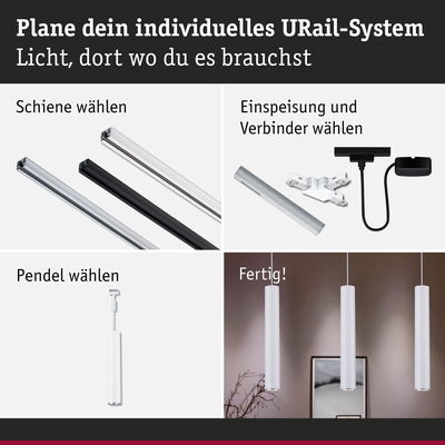 Schritt-für-Schritt Anleitung für URail Schienensystem mit weißen Pendelleuchten und Verbindern