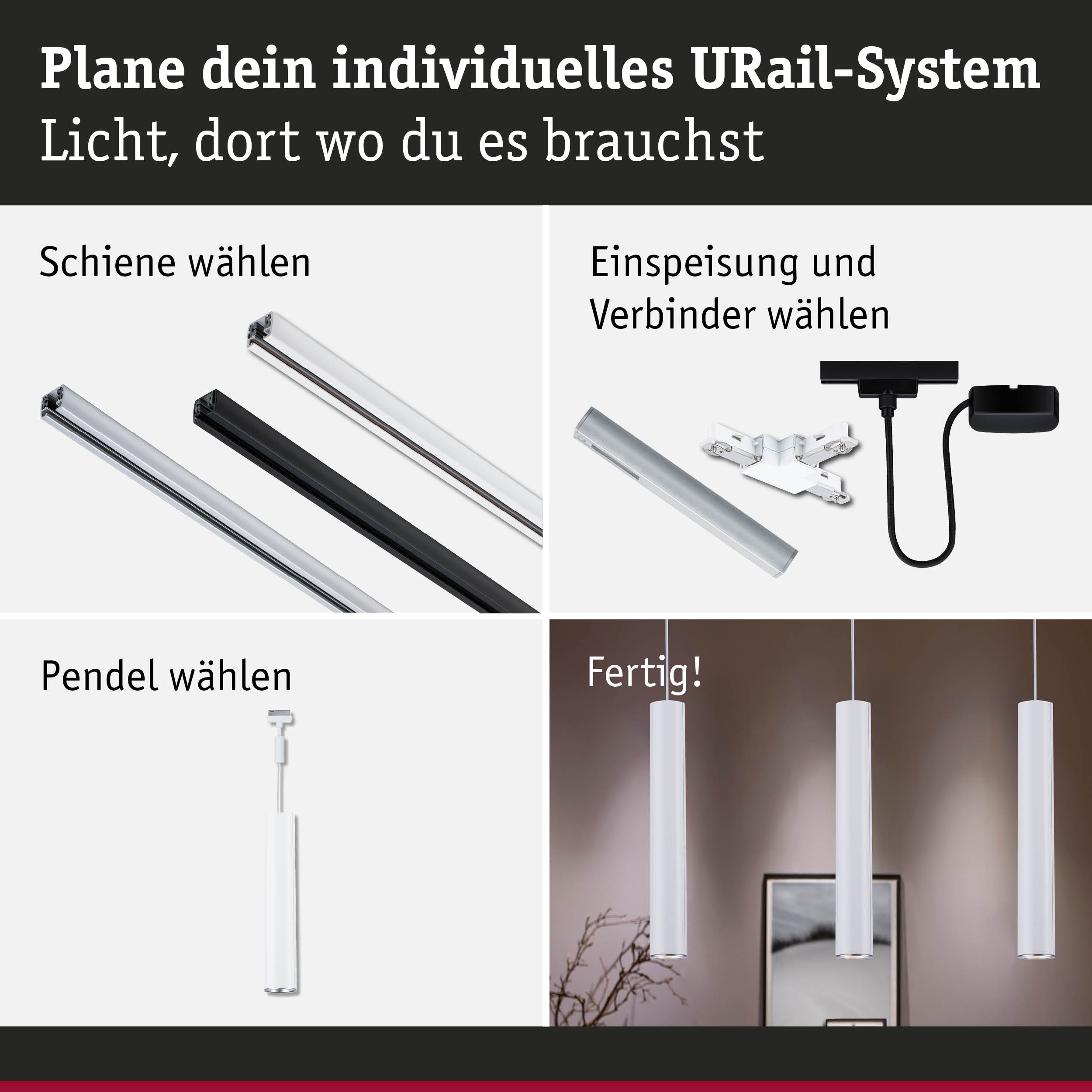 Modulares URail-System mit weißen und schwarzen Schienen, Verbindern und Pendelleuchten für individuelle Lichtplanung
