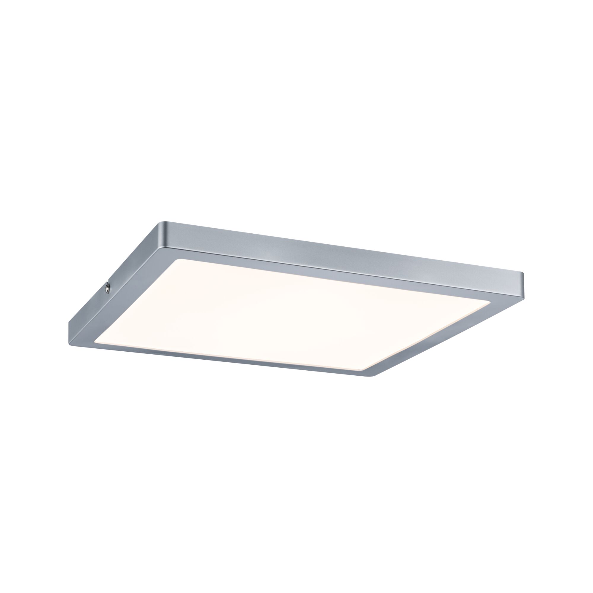 Quadratische Deckenleuchte aus silbernem Metall mit weißem Diffusor für modernes Raumlicht