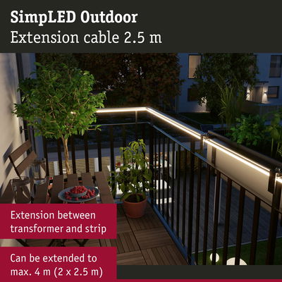SimLED Outdoor 2.5 m extension cable for LED strip lighting on balcony with black railing at night