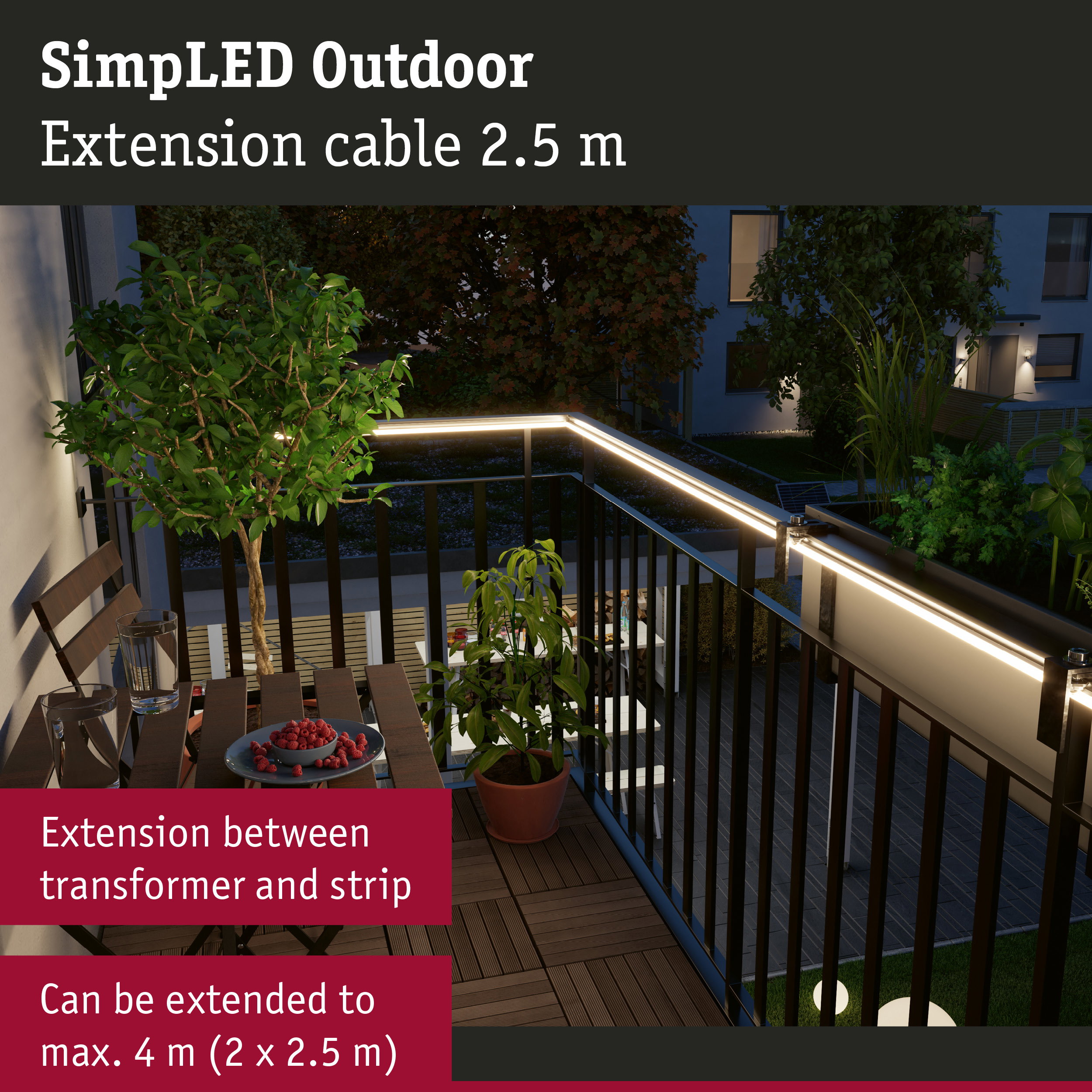 SimpLED Outdoor 2.5 m extension cable in black, weatherproof for LED strip lighting in garden setups
