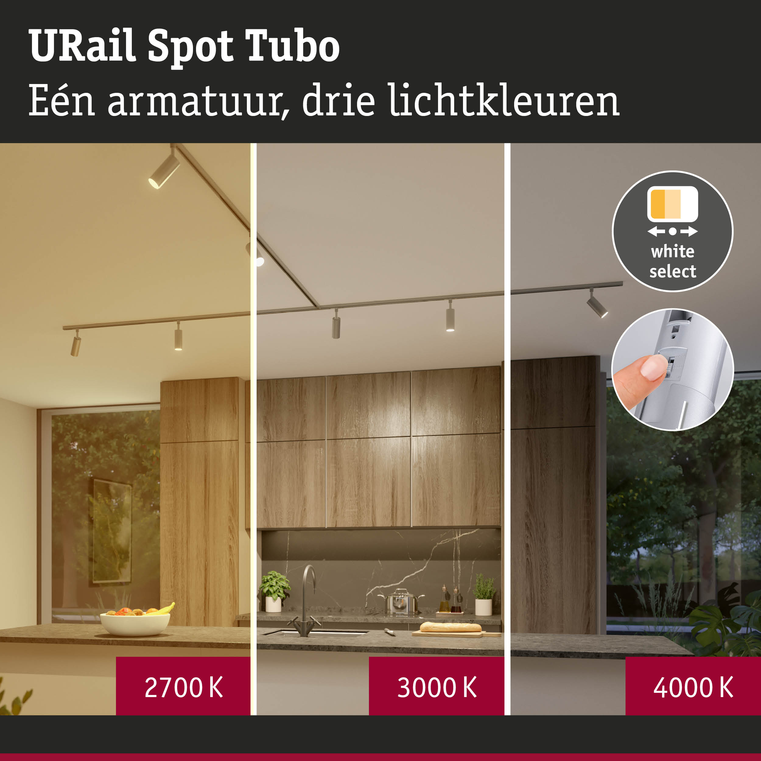 URail Spot Tubo railsysteem met drie lichtkleuren 2700K, 3000K en 4000K in moderne keuken