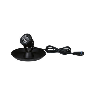Black LED spotlight with round base and long cable for versatile outdoor lighting