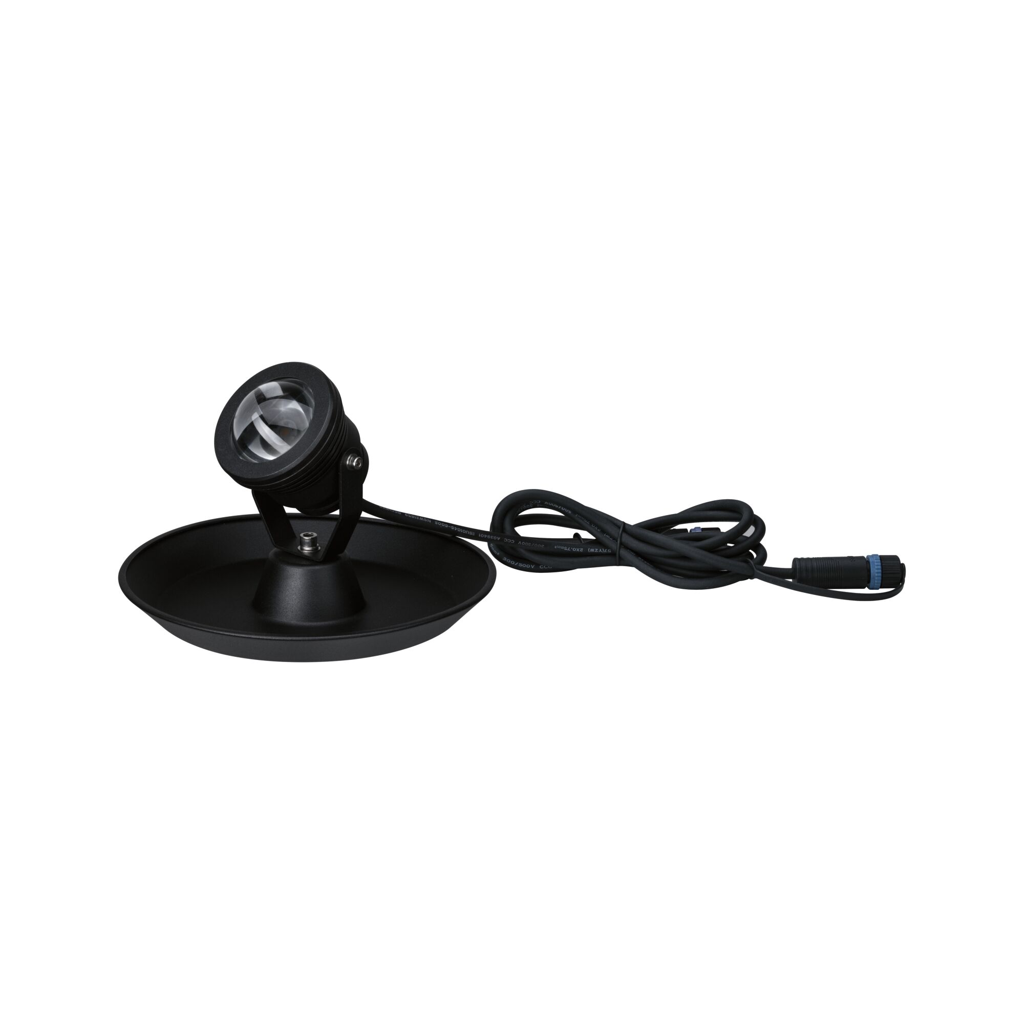 Zwarte LED-spot met ronde basis en lange kabel voor veelzijdige buitenverlichting